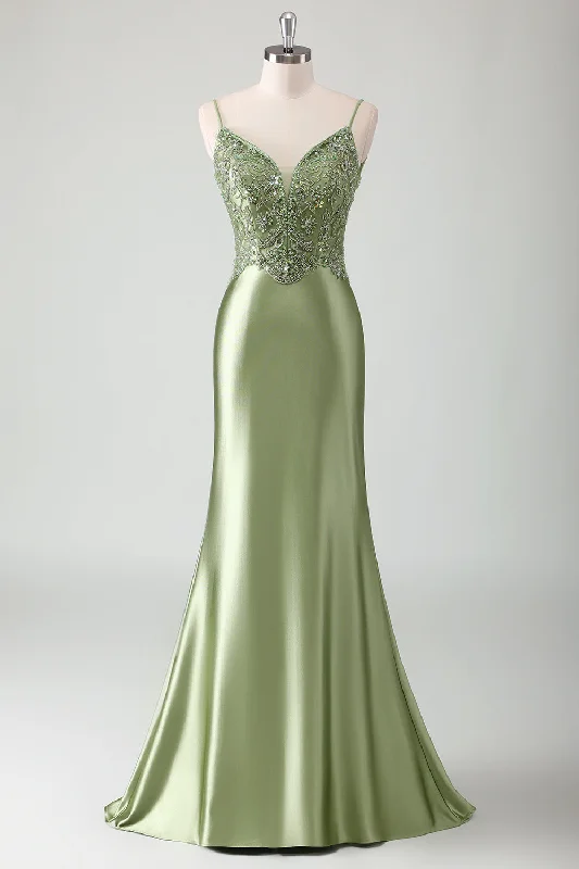 One-shoulder Dresses for Trendy -Sage Mermaid Spaghetti Straps Long Prom Dress With Sequins