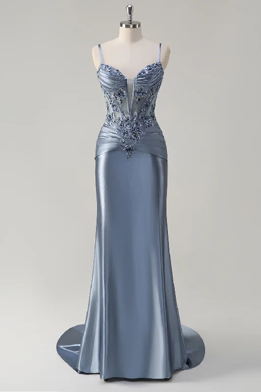 Vintage Dresses for Nostalgia -Sparkly Grey Blue Mermaid Spaghetti Straps Corset Appliqued Long Prom Dress with Slit