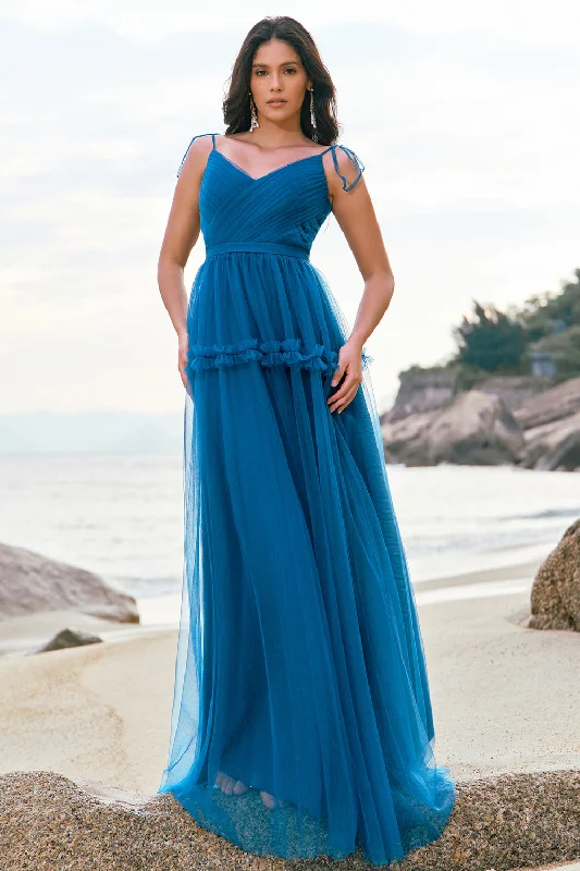 Patchwork Dresses for Bohemian -Dark Blue A-Line Spaghetti Straps Pleated Long Bridesmaid Dress