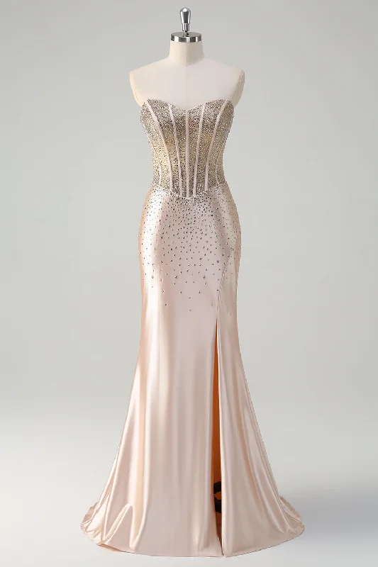 Wool Dresses for Warmth -Champagne Mermaid Strapless Corset Long Prom Dress With Beading