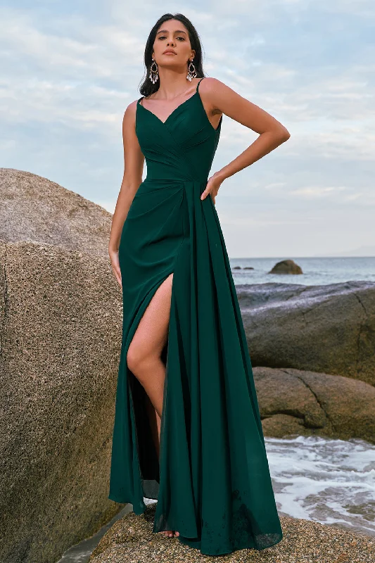 Resort Dresses for Vacation -Dark Green A Line Spaghetti Straps Ruched Long Bridesmaid Dress with Slit