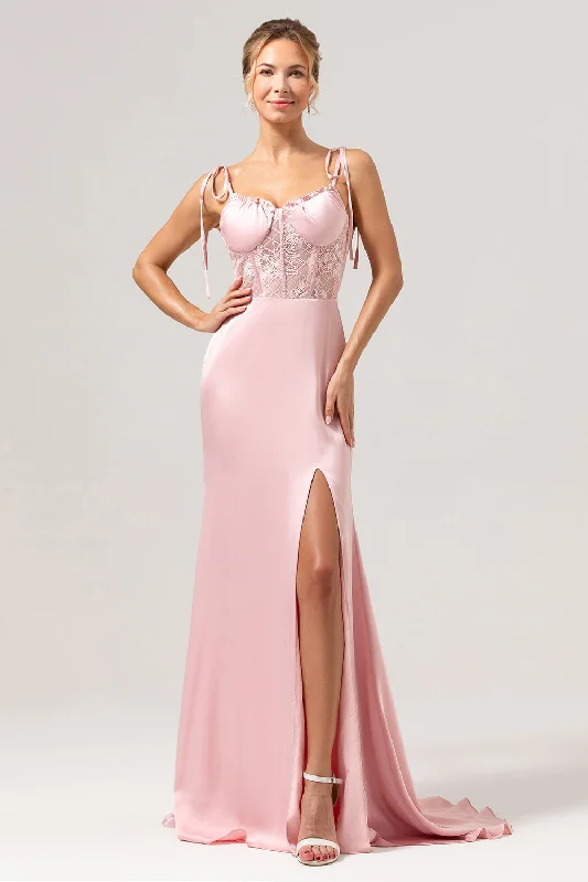 Maxi Dresses for Elegant Style -Mermaid Spaghetti Straps Satin Pink Long Bridesmaid Dress with Slit