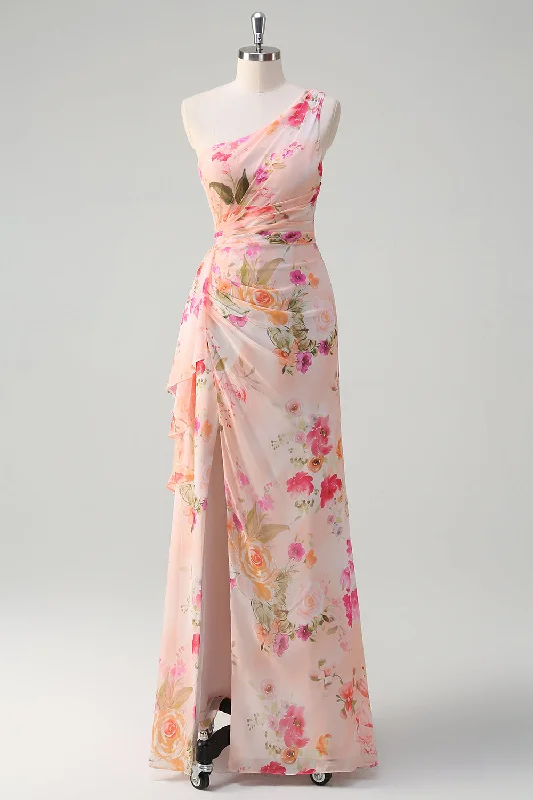 Spandex Dresses for Flexible -Peach Floral One Shoulder Sleeveless Print Long Prom Dress