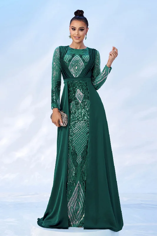 Belted Dresses for Shaping -Green Sequins Printed Formal Dress with Long Sleeves