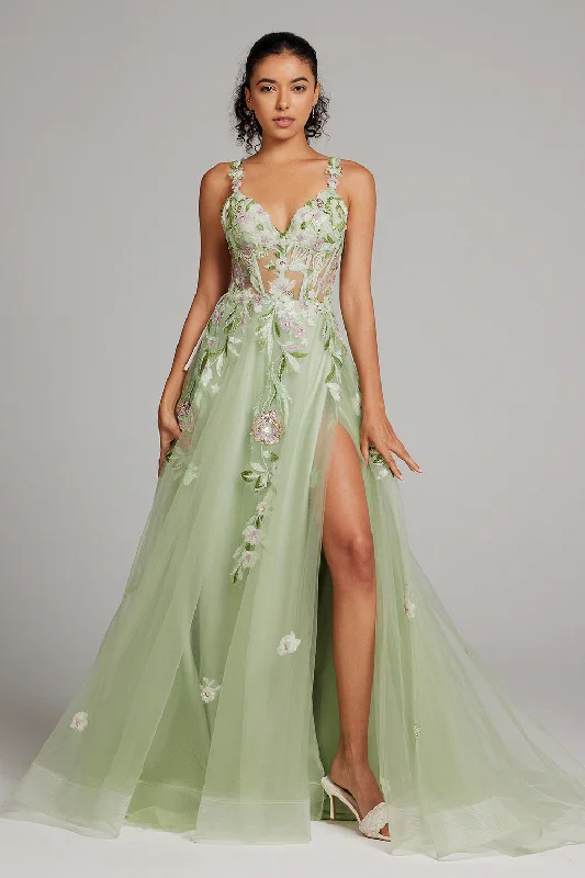 One-shoulder Dresses for Trendy -Sparkly Green A Line Sequin Corset Embroidered Long Prom Dress With Slit