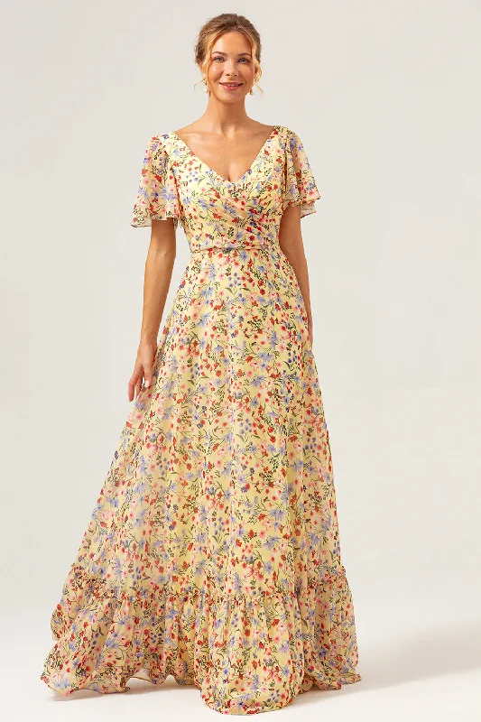 Tie-up Dresses for Decorative -Yellow Flower Printed A-Line V-neck Short Sleeves Long Wedding Guest Dress