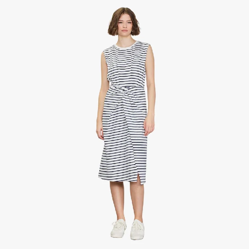 Zippered Dresses for Convenience -Striped Twisted Knot Midi Dress (White + Navy)