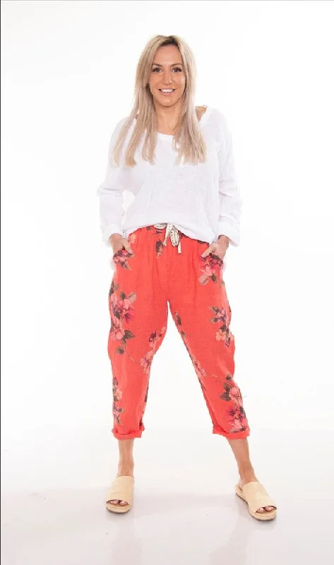 Tailored stretch tight trousers for women with comfortable waistband and flattering design -Italian Cartel Positano Floral Pant Coral