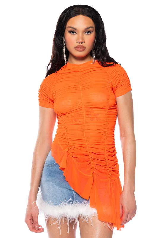 Adjustable Blouses for Fit -RORY RUCHED MESH ASYMMETRICAL SHORT SLEEVE TSHIRT