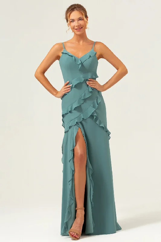 Wool Dresses for Warmth -Eucalyptus Sheath Spaghetti Straps Ruffle Long Bridesmaid Dress with Slit