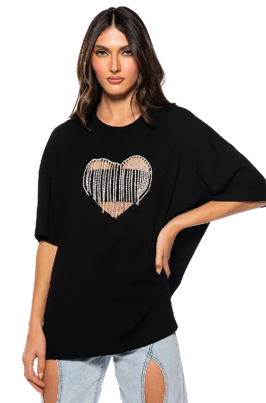 Crop Blouses for Youthful -DRIPPING RHINESTONE HEART OVERSIZED TSHIRT