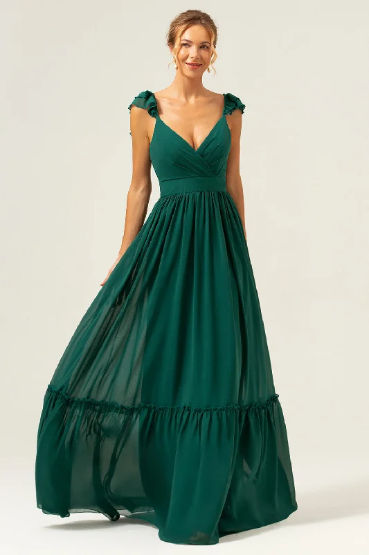 Satin Dresses for Shiny Look -Dark Green A Line V-Neck Ruched Chiffon Long Bridesmaid Dress