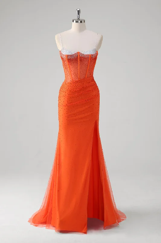 Wedding Dresses for Bridal Look -Orange Spaghetti Straps Beaded Corset Mermaid Prom Dress