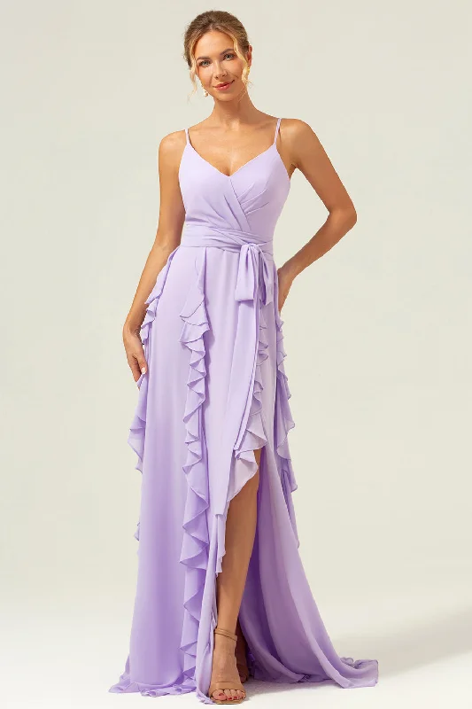 Evening Dresses for Formal Events -Lilac Spaghetti Straps A-Line Chiffon Ruffled Bridesmaid Dress with Slit