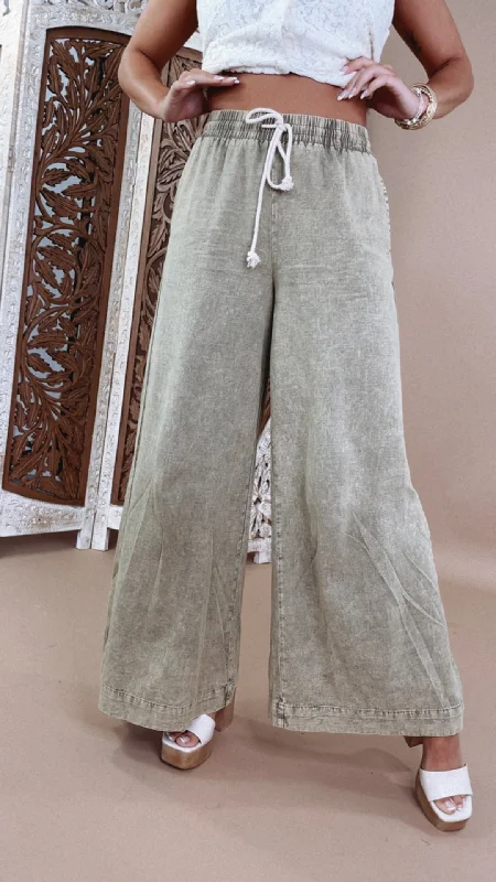 Soft wool tight trousers for women with cozy, refined fabric for cold weather -Mix It Up Mineral Washed Wide Leg Pants, Olive