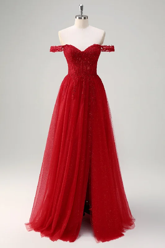 Linen Dresses for Breathable -Red A-Line Off the Shoulder Tulle Long Corset Prom Dress with Slit