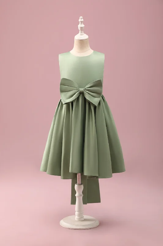 Satin Dresses for Shiny Look -Grey Green A-Line Round Neck Satin Flower Girl Dress with Bow