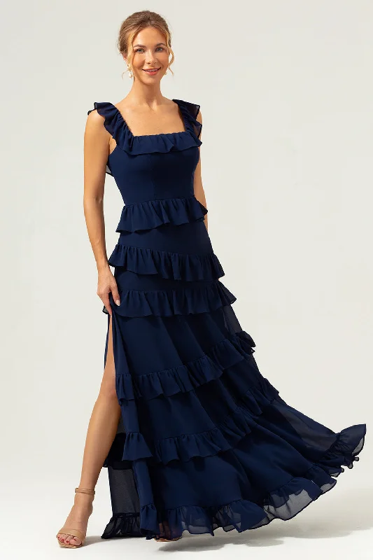 Casual Dresses for Everyday -A-Line Square Neck Tiered Chiffon Long Dark Navy Bridesmaid Dress