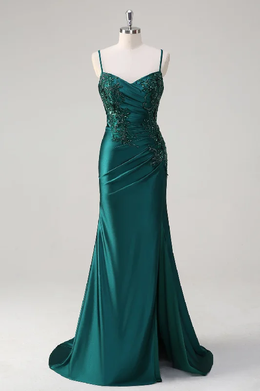 Bridesmaid Dresses for Ceremony -Sparkly Dark Green Mermaid Spaghetti Straps Prom Dress