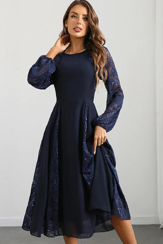 Sleeveless Dresses for Coolness -Navy A Line Round Neck Long Prom Dress with Long Sleeves