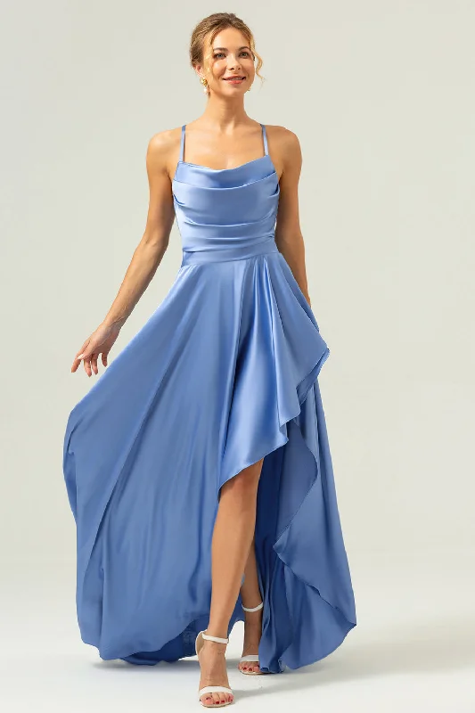 Bridesmaid Dresses for Ceremony -Blue Asymmetrical Cowl Neck Satin Bridesmaid Dress with Slit