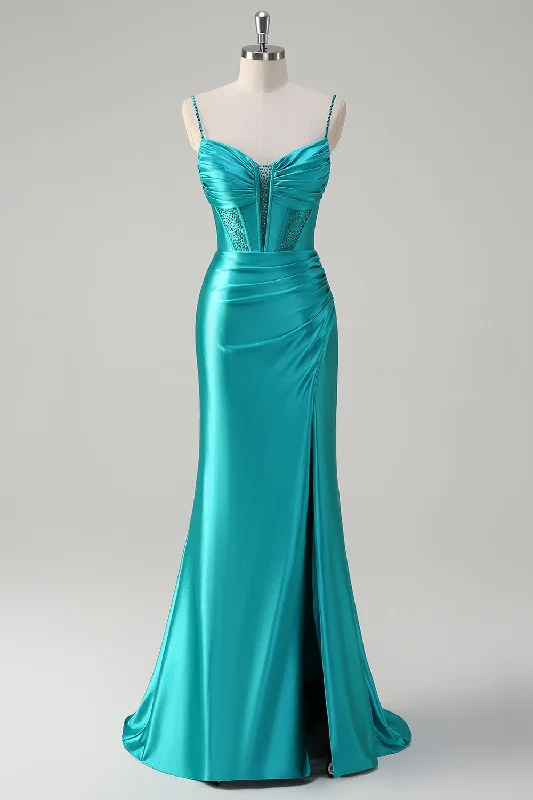 Geometric Dresses for Modern -Peacock Mermaid Corset Spaghetti Straps Long Prom Dress with Slit