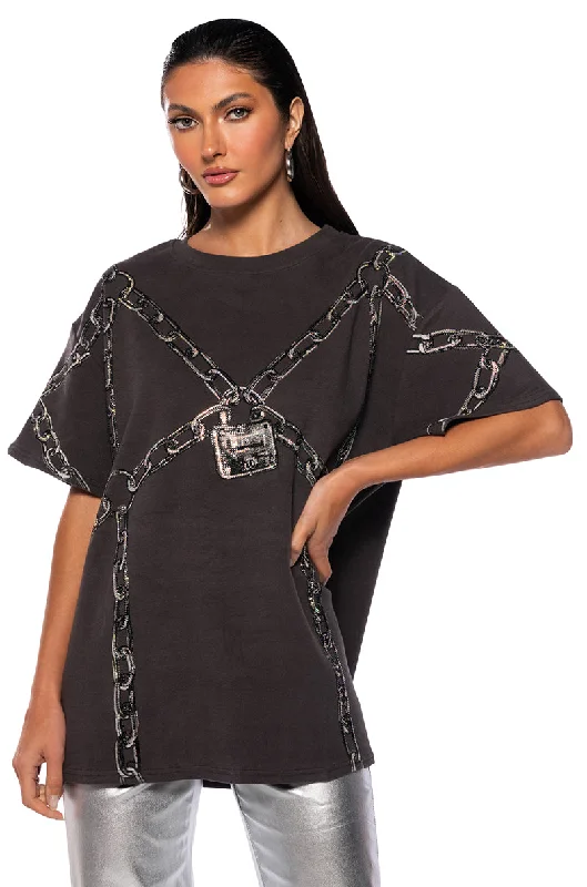 Hippie Blouses with Beads -CHAIN DETAIL OVERSIZED TSHIRT IN GREY