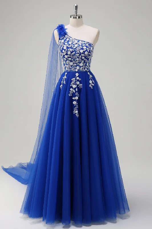 Party Dresses for Celebration -Royal Blue A-Line One Shoulder Watteau Train Appliqued Prom Dress with Lace Up Back