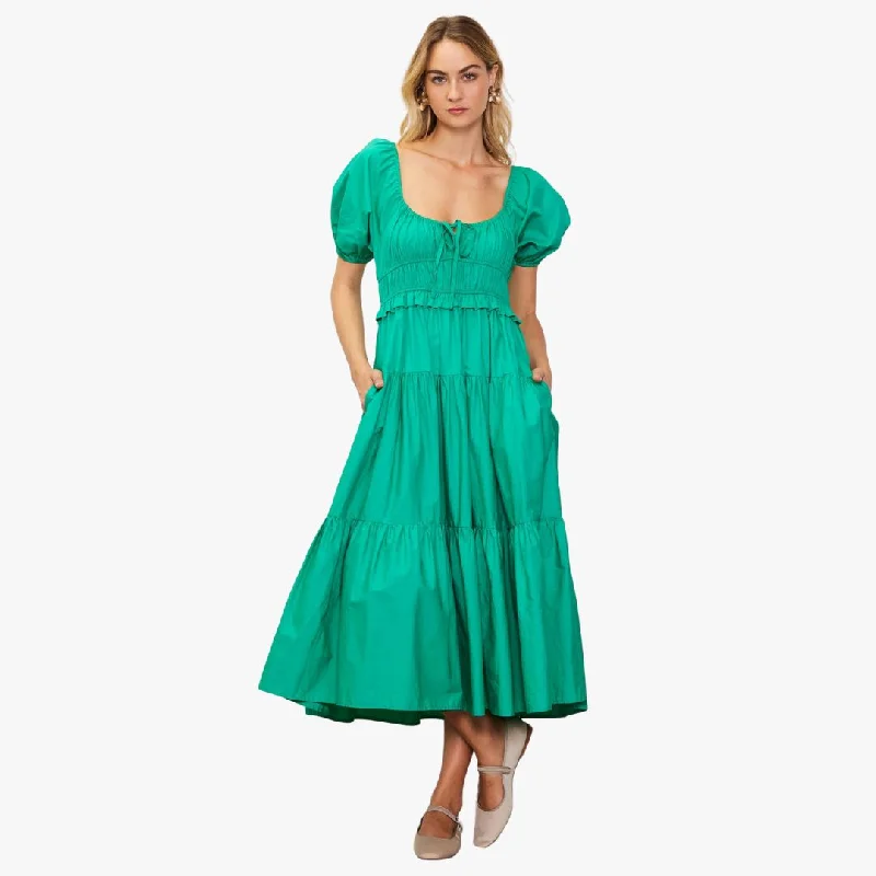 Purple Dresses for Royalty -Short Puff Sleeve Tiered Midi Dress (Jade Green)