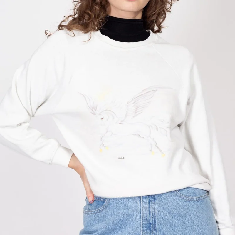 Double Blouses for Layered -Med-Lrg 90s White Unicorn Faded Airbrush Graphic Sweatshirt