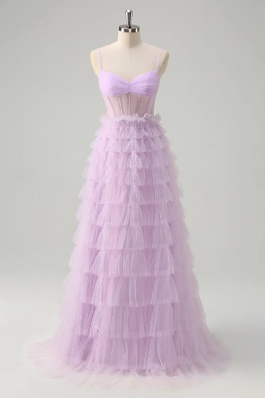 Modern Dresses for Trendy -Light Purple A-Line Tiered Corset Sheer Long Prom Dress with Ruffles