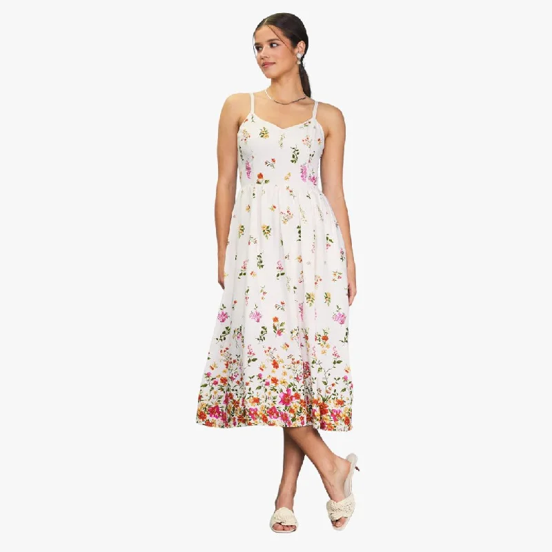 Tie-up Dresses for Decorative -Floral Border Print Dress (Ivory + Red)