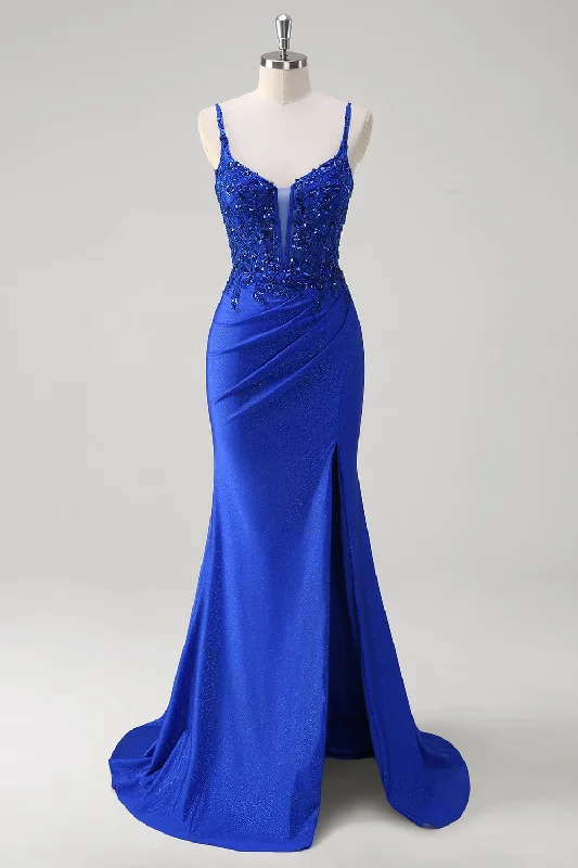 Formal Dresses for Occasions -Sparkly Royal Blue Mermaid Spaghetti Straps Long Corset Prom Dress with Appliques